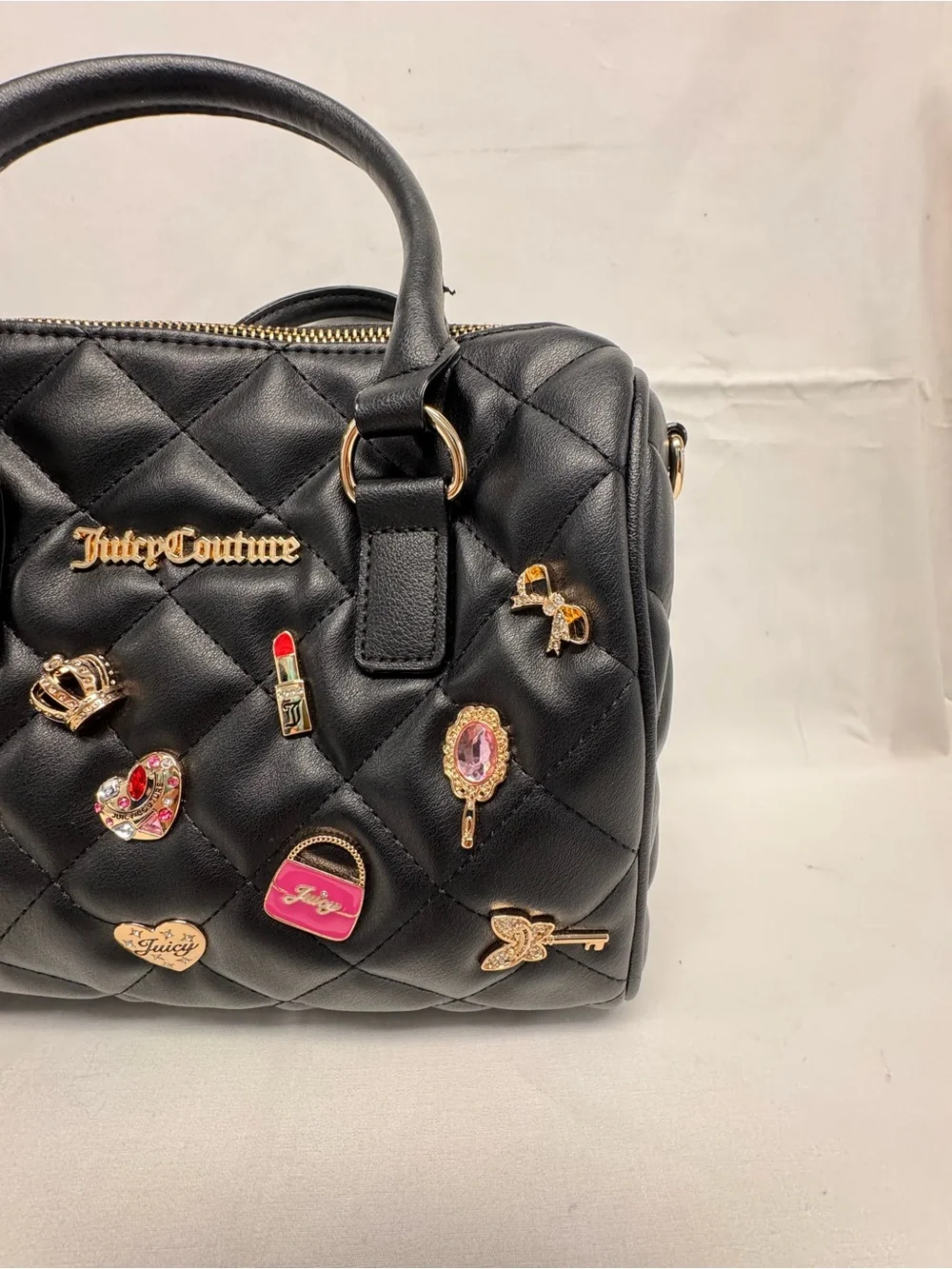 Juicy Couture Black Quilted Satchel Charms Gold Hardware Cute